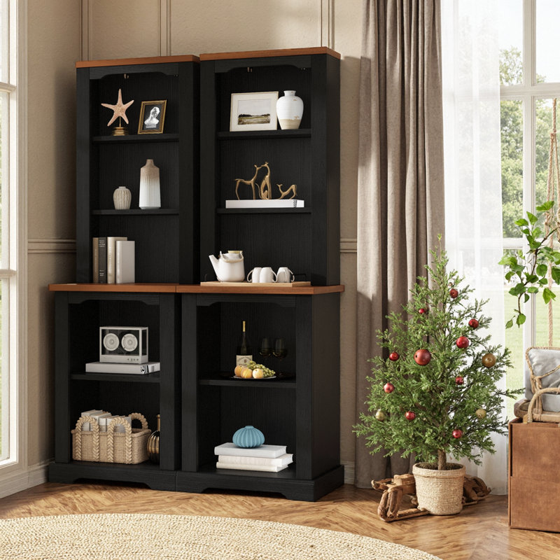 Élégante armoire autoportante deux pièces avec rangement ouvert et conception anti-basculement pour le salon, Noir