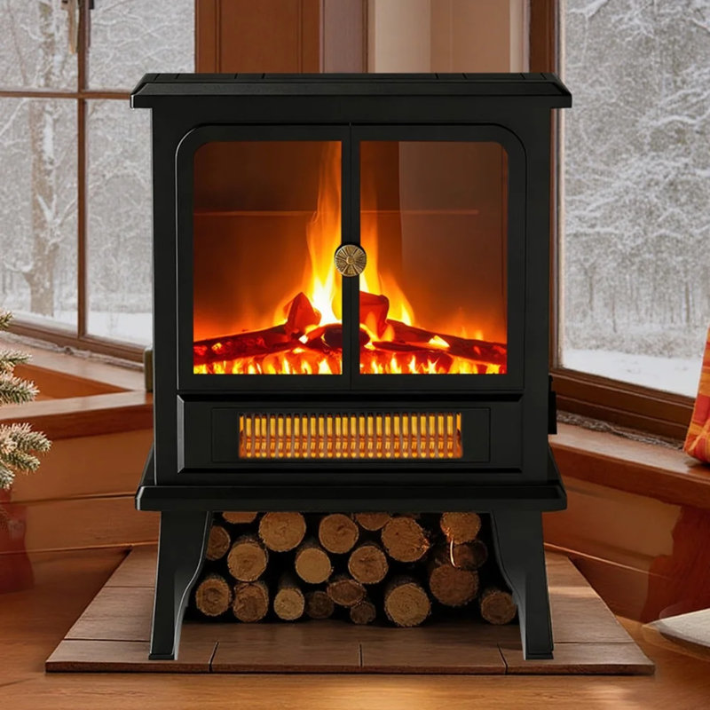 19” Freestanding Electric Fireplace Heater, Indoor Fireplace With Adjustable Flame Effect, Easy Control, Small Corner Heater For Living Room, Bedroom, Carbon Black