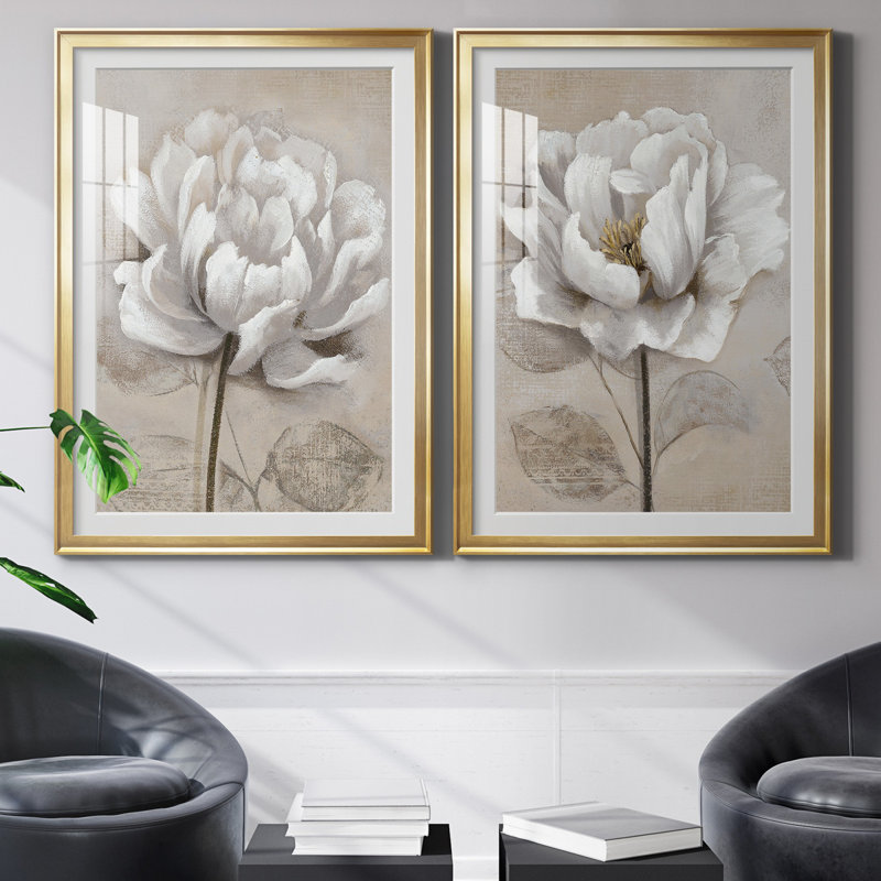 "Soft White I", ensemble de 2 reproductions d'art, Impression encadrée avec passe-partout, H 26,5 po x l 73 po, Gold