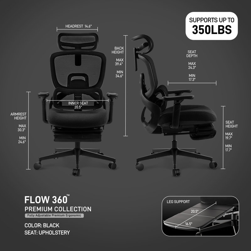 Fauteuil de bureau ergonomique en filet avec repose-pieds et fauteuil de direction avec accoudoirs 4D, Black, Foam