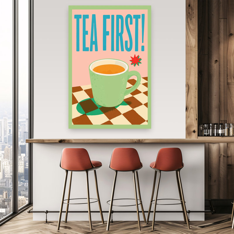«Cozy Tea First», impression murale rétro, 60" H x 40" W