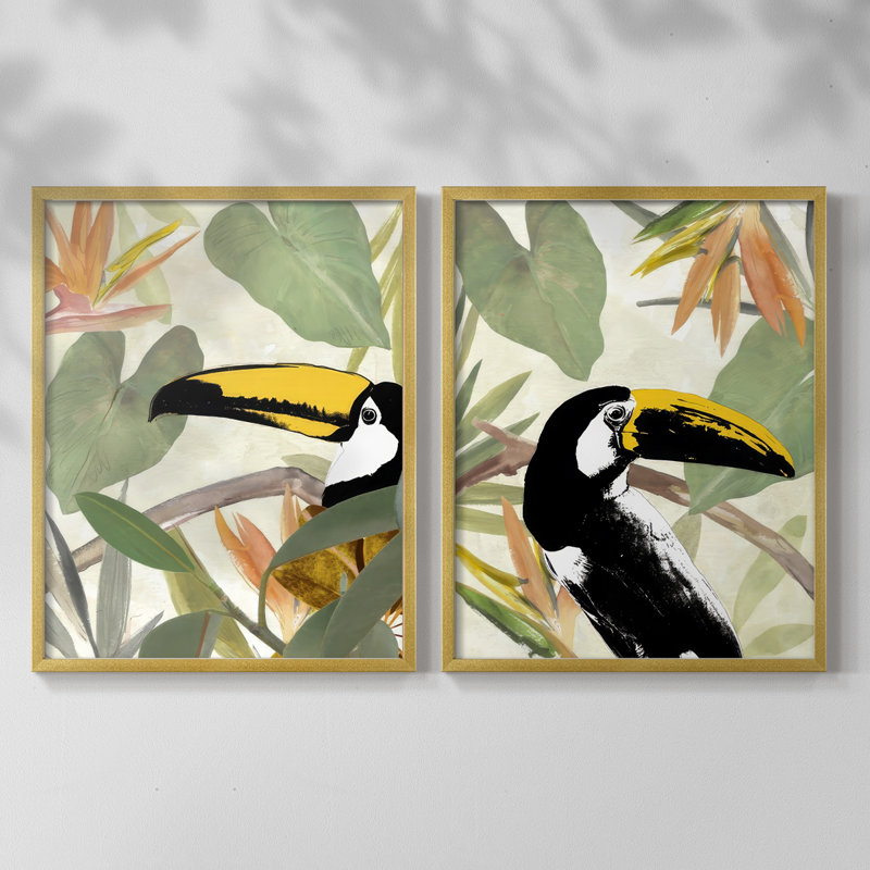 «Parrot in the Leaves I», reproduction encadrée de qualité supérieure - prête à être accrochée - aucun clou requis - aucun clou requis