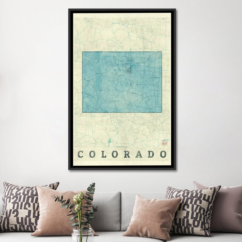 « colorado map », reproduction d’impression sur toile, H 26 po x l 18 po x P 1,5 po, Toile avec cadre noir, Pas de tapis