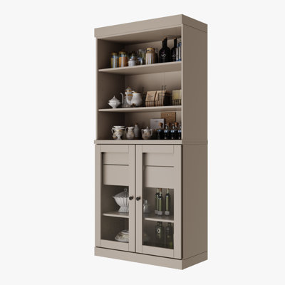 Garde-manger 100% bois massif Kaniesha 32 po avec portes en verre transparent, 2 tiroirs et tablettes réglables