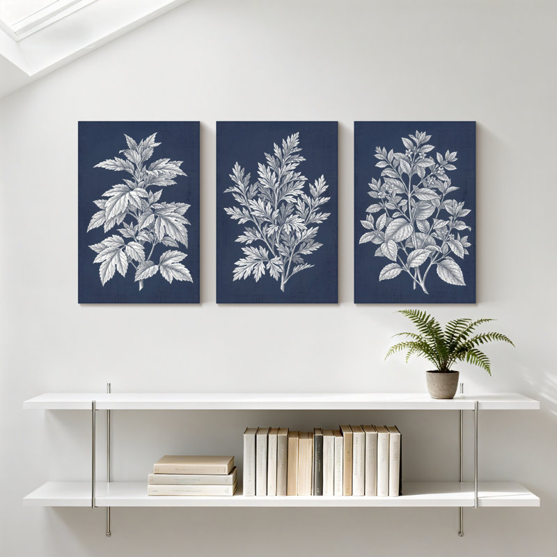 Plantes et fleurs, motifs de feuilles botaniques sur toile bleu marine, ensemble de 3 impressions sur toile