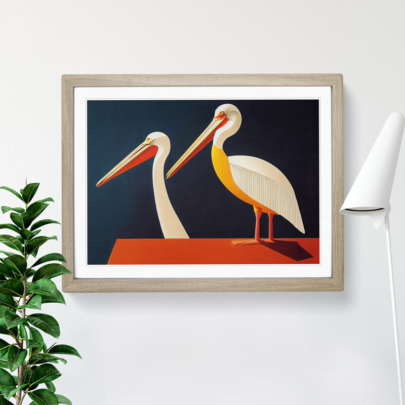Two Pelicans Abstract - Single Picture Frame Print, 34cm H x 46cm W x 2cm D, Oak