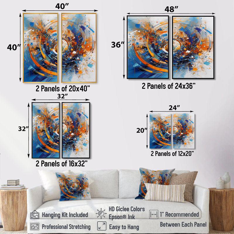 «Blue and Orange Space» - Art mural sur toile traditionnel orange 2 panneaux, H 32 po x l 32 po, Argent argent