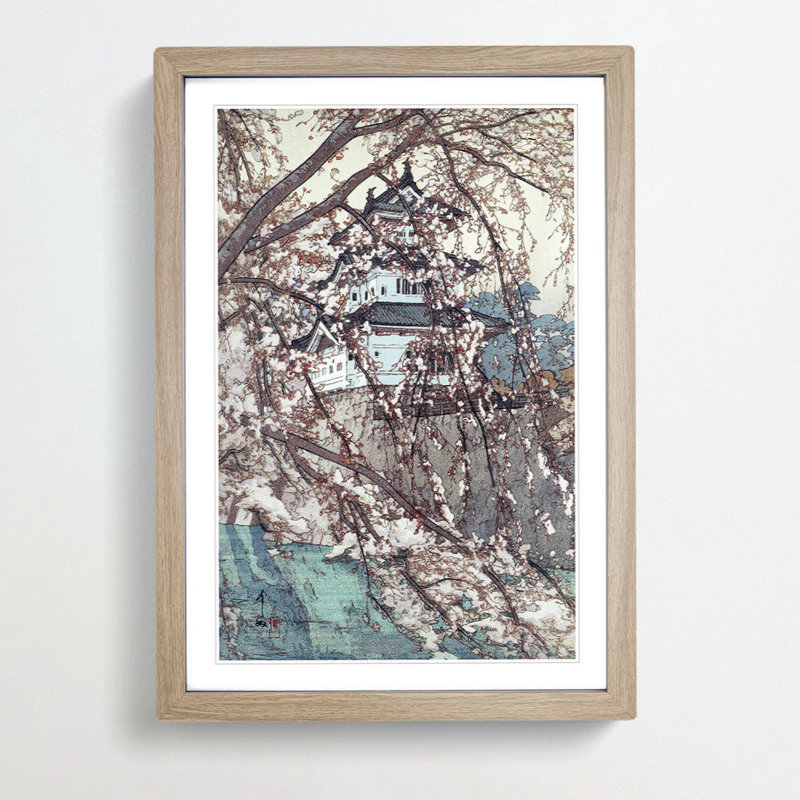 Hirosaki Castle by Hiroshi Yoshida - Picture Frame Art Print, Oak Framed, 48cm H x 36cm W x 2cm D