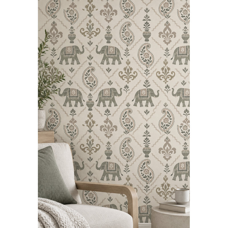 Papier peint d'éléphants à motif floral cachemire, fond vert sauge et ivoire, Peel and Stick