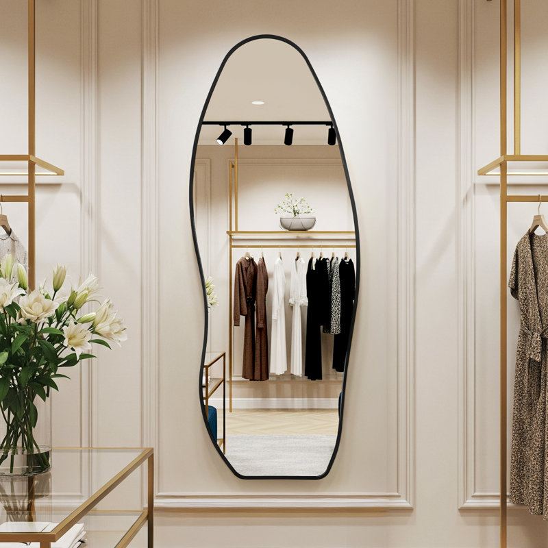Modern Irregular Full-length Mirror With Aluminum Frame, Wall-mounted Or Free-standing Design, Black, 63" x 23.6"