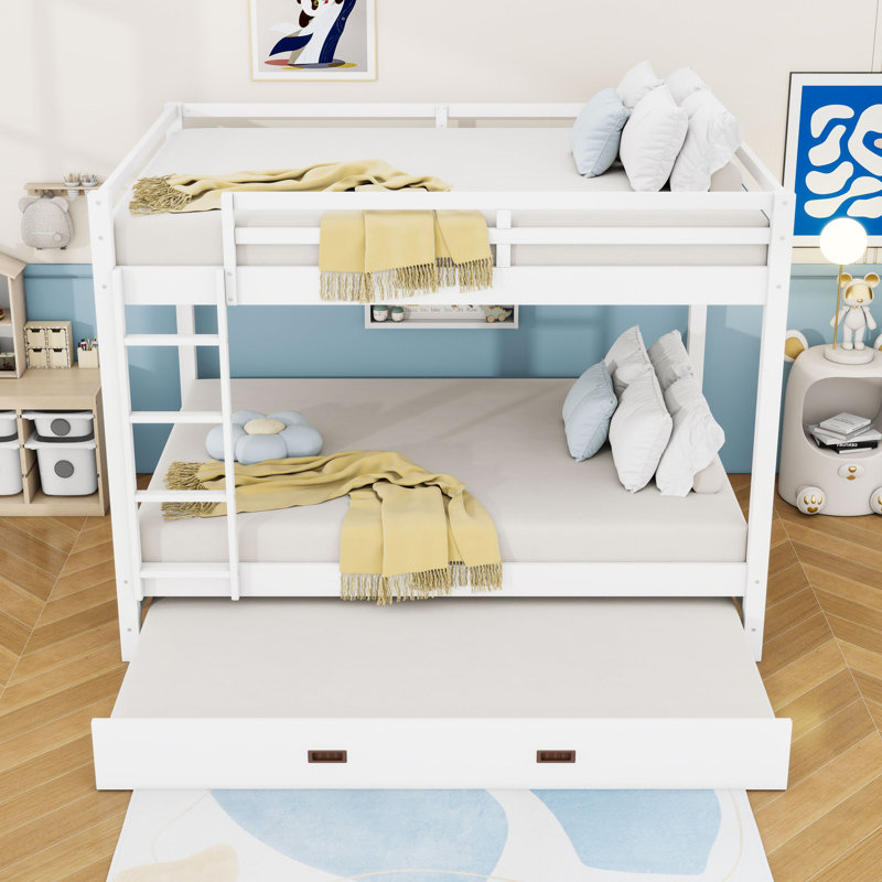 Queen Over Queen Wood Bunk Bed With Trundle, White