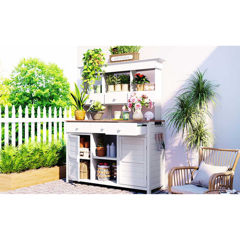 Banc de jardin 65,7 po de hauteur - blanc, 6 tiroirs, 2 armoires, 3 tablettes et crochets latéraux