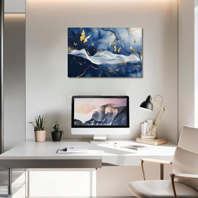 Abstrait art mural sur toile bleue, décoration murale de salon, image de papillon doré, peinture, œuvre d'art moderne pour la maison, salon, chambre, bureau, décoration encadrée (abstrait - 6,24,00 po x 36,00 po)