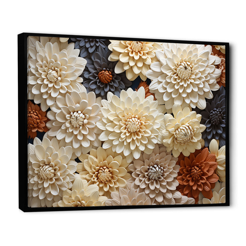 «Chrysanthemums White Mosaic Garden» sur toile, Cadre flottant noir, H 24 po x l 32 po x P 1 po
