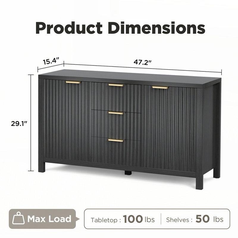 Fluted Credenza Buffet Cabinet with Two Doors and Three Drawers