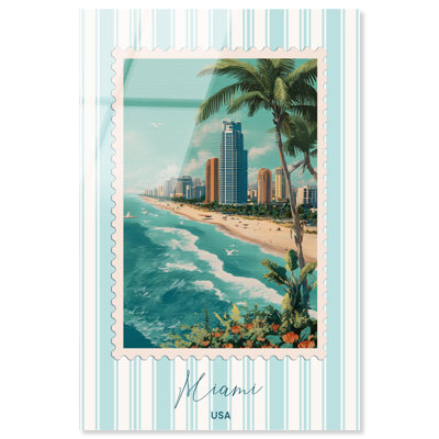 «Miami Travel Stamp», reproduction d'art sur affiche par Art Remedy, prête à être accrochée, 10 x 15