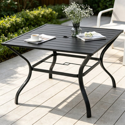37 Inch Square Metal Outdoor Dining Table with Umbrella Hole, All Weather Patio Table for Backyard, Deck & Poolside