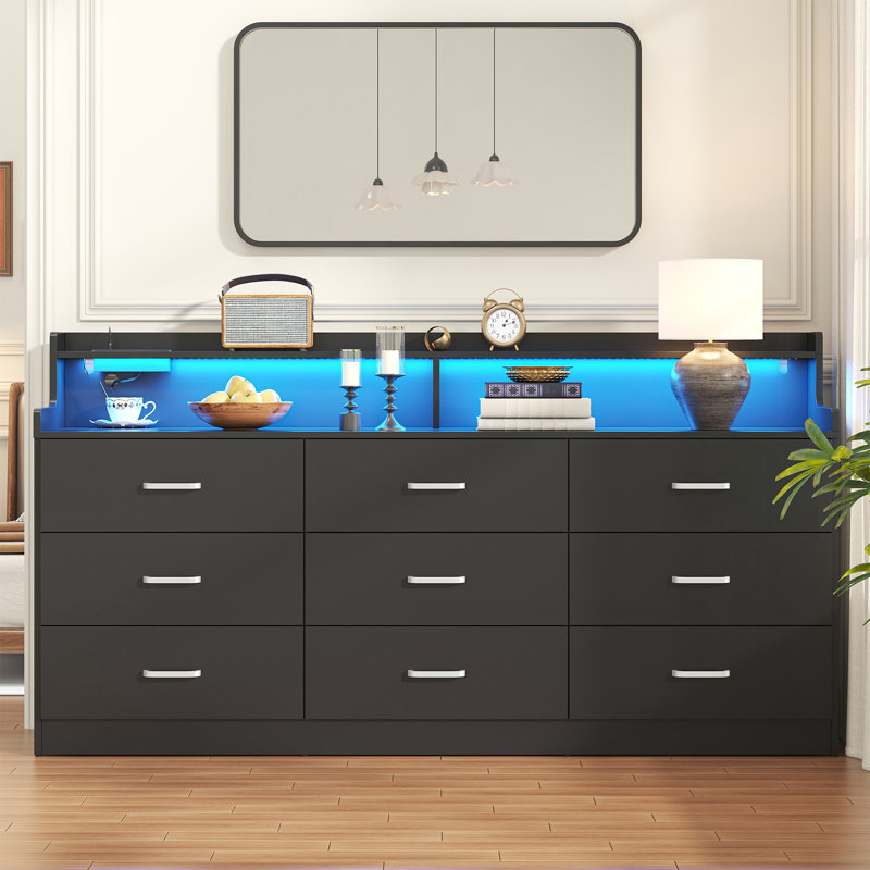 White 9 Drawer Dresser with Charging Station & Led Lights for Bedroom, 63" Large Deep Chest of Drawers,Wooden Dresser Storage Cabinet with 9 Drawers for Bedroom, Long  Dressers for Living Room, Hallway