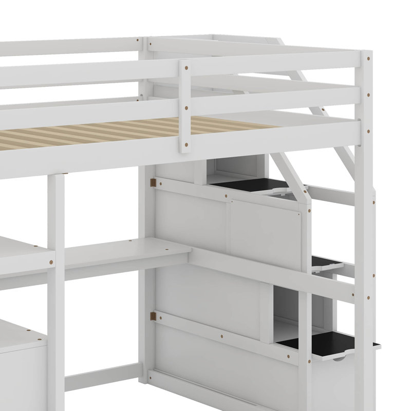 Lit mezzanine double avec bureau et tablettes, Blanc
