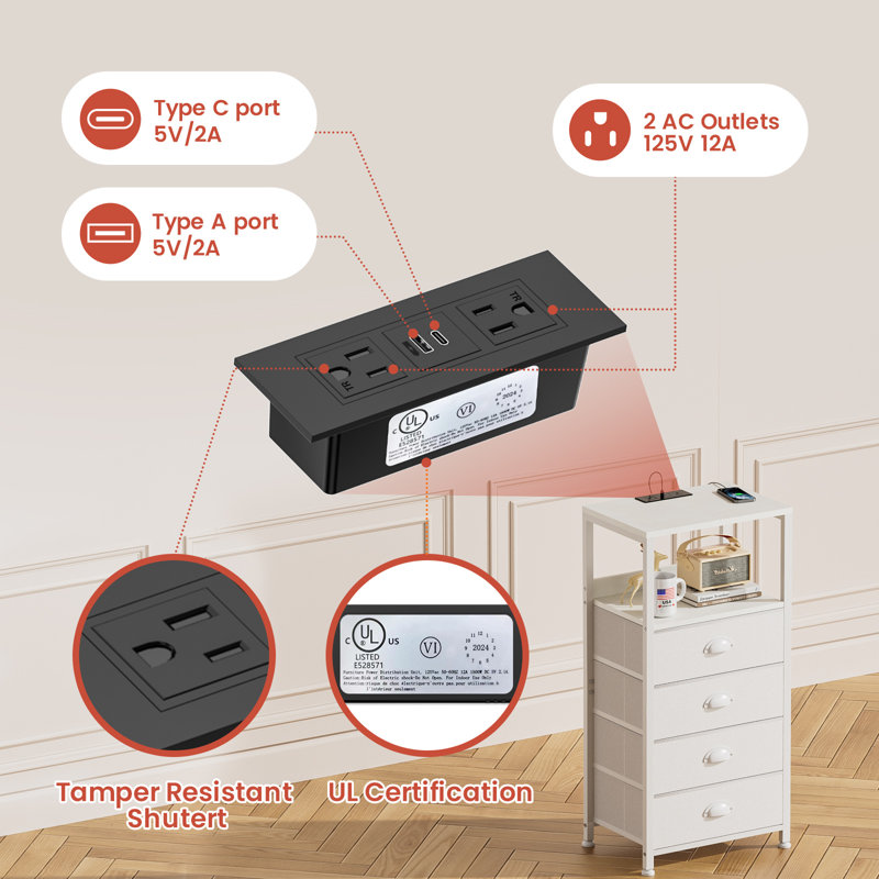 Table de chevet avec station de charge et veilleuse à commande vocale, table de chevet avec 4 tiroirs en tissu, table d'appoint avec prises inviolables, port USB / type C, commode de table de bout, homologuée UL