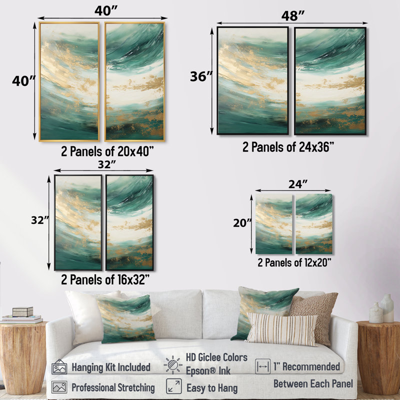 «Gold and Green Soft Wave Fusion - Abstract Shapes», art mural, H 36 po x l 48 po, Toile tendue sur cadre, Ne s’applique pas