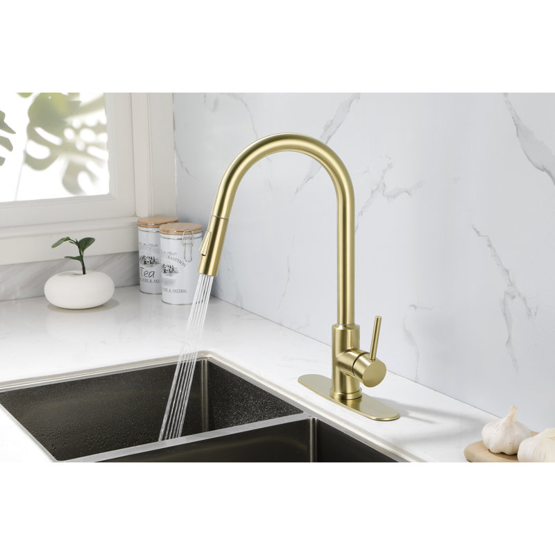 Robinet de cuisine rétractable en acier inoxydable doré - Buse haute pivotante à 360 °, poignée simple pour un ajustement facile de la température et du débit de l'eau Profondeur, largeur 10,24, 9,14
