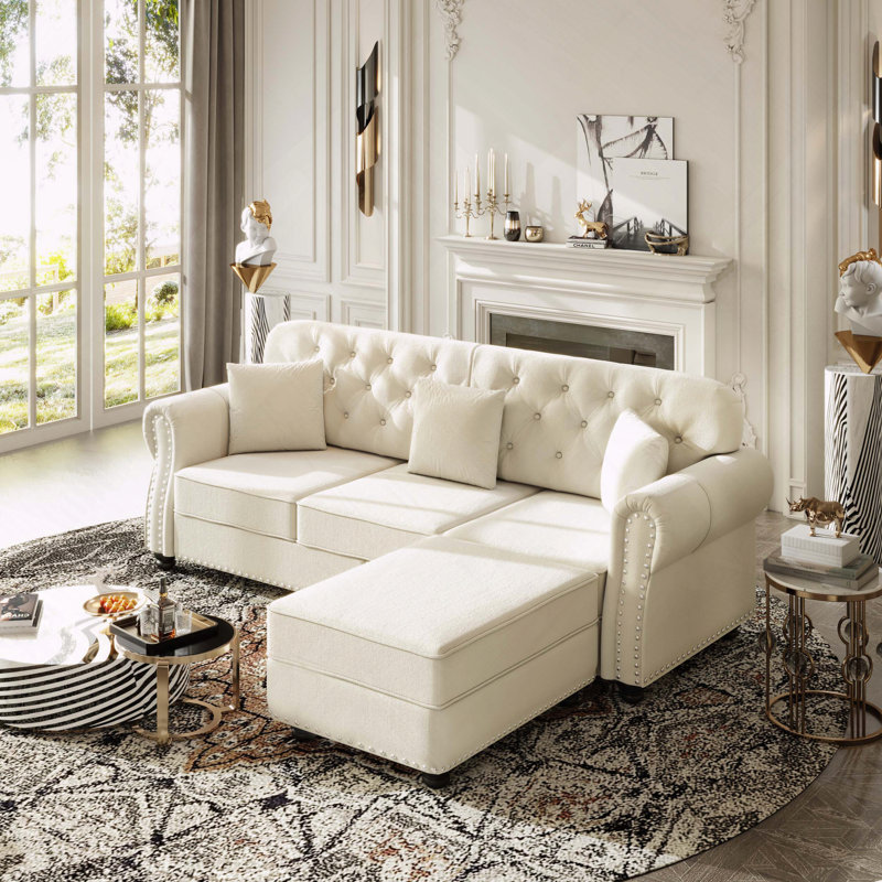 Velvet Chesterfield Sofa Nailhead Trim Button Tufted, Beige/White