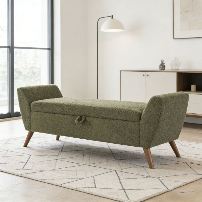 60'' Modern Storage Bench with Mid-Centruy Wood Legs, Olive Green