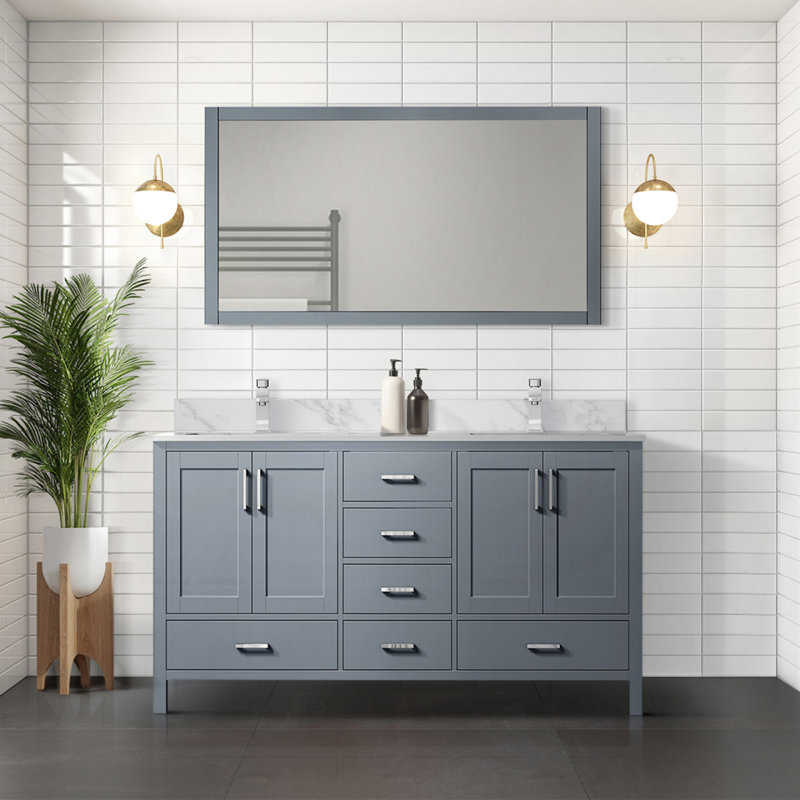 Meuble-lavabo double gris foncé de 72 po X P 22 po D, dessus en marbre de Carrare et ensemble de robinet, Gris foncé