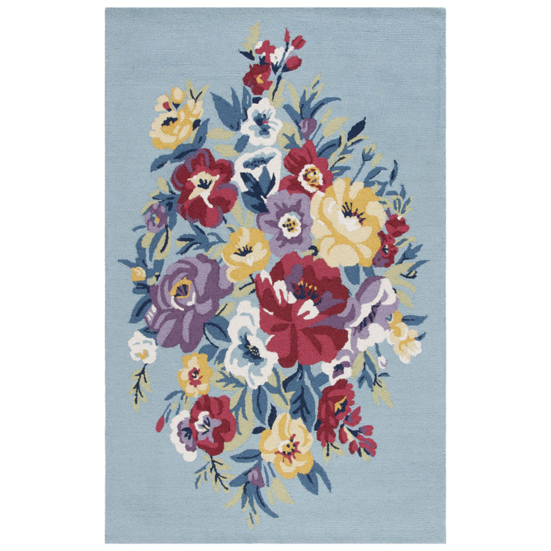 Tapis floral bleu / rose en laine / coton touffeté à la main Chelsea, Rectangle de 5 pi x 8 pi