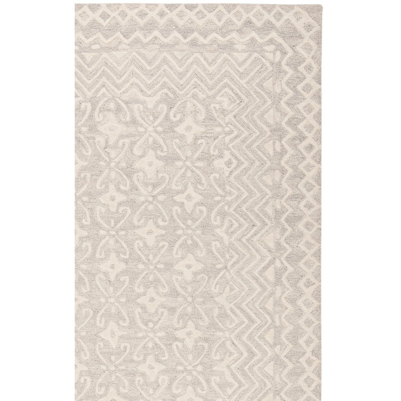 Tapis gris / ivoire en laine touffeté à la main à motif géométrique Jahiem, Carré 4 pi