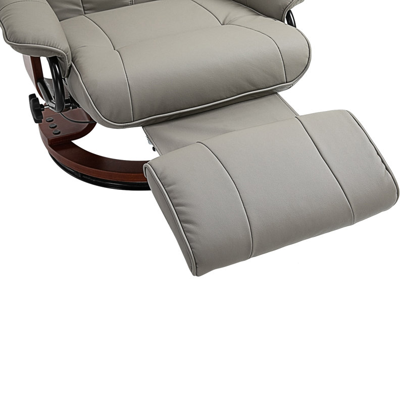 Swivel Recliner Chair with Footstool, Manual Recliner Armchair with Wooden Base, Faux Leather U, Grey