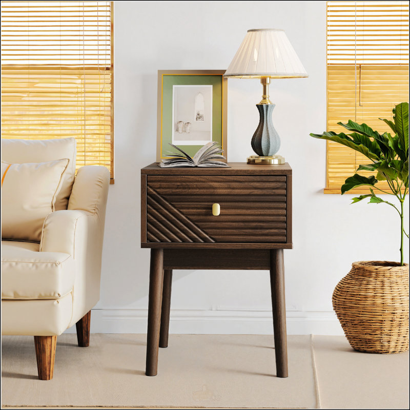 Medieval-Modern Style Walnut Bedside Table With Metal Handles, Perfect For Elegant And Functional Bedroom Decor