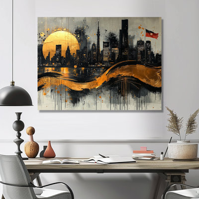 Tokyo Skyline In Glow Gold Ink - Japan Canvas Prints