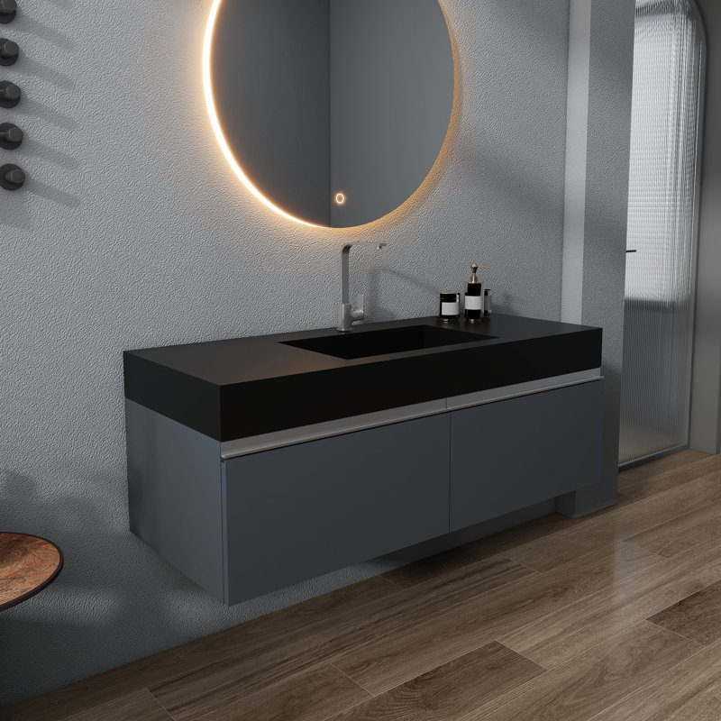 47" Wall Mounted Solid Surface Bathroom Sink, Matte Black