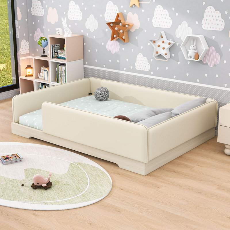 Lit de plancher rembourré avec garde-corps amovibles, Grand lit, Beige