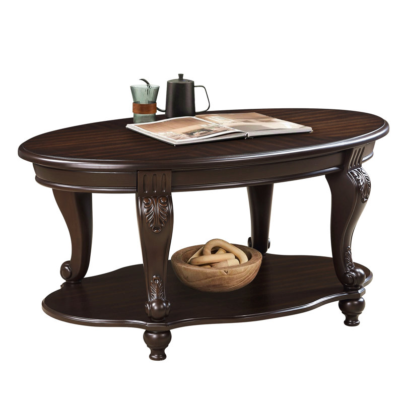 Table basse ovale en bois de 42 po pour le salon, table basse à 2 niveaux en bois massif avec tablette de rangement ouverte, facile à assembler, espresso