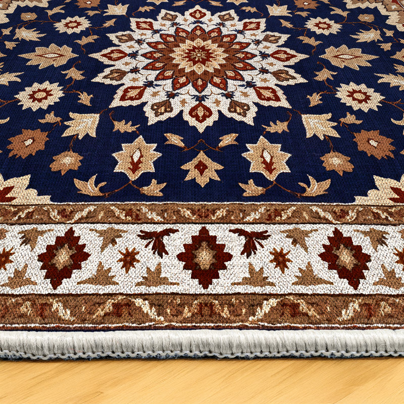 Albasa Collection Digital Print Cotton-Polyester Brown Moroccan Rug, Round 4'