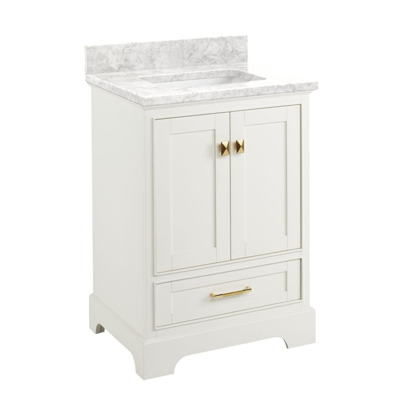 Quen 24" Freestanding Single Basin Vanity Set with Cabinet, Vanity Top, Soft White, Carrara Marble, No Faucet Holes