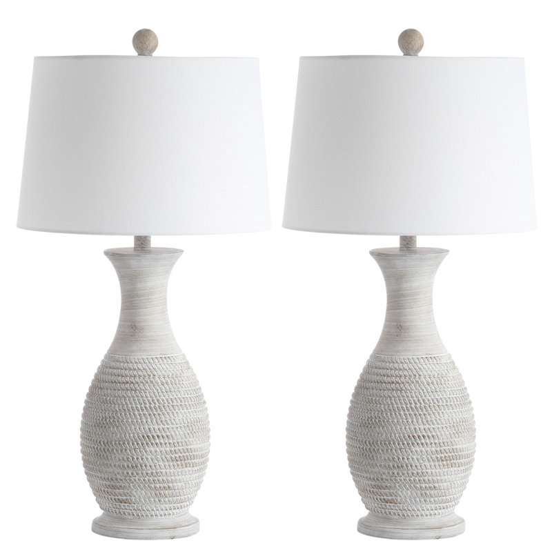 Gray and White Coastal Resin Table Lamp Set with Empire Shade