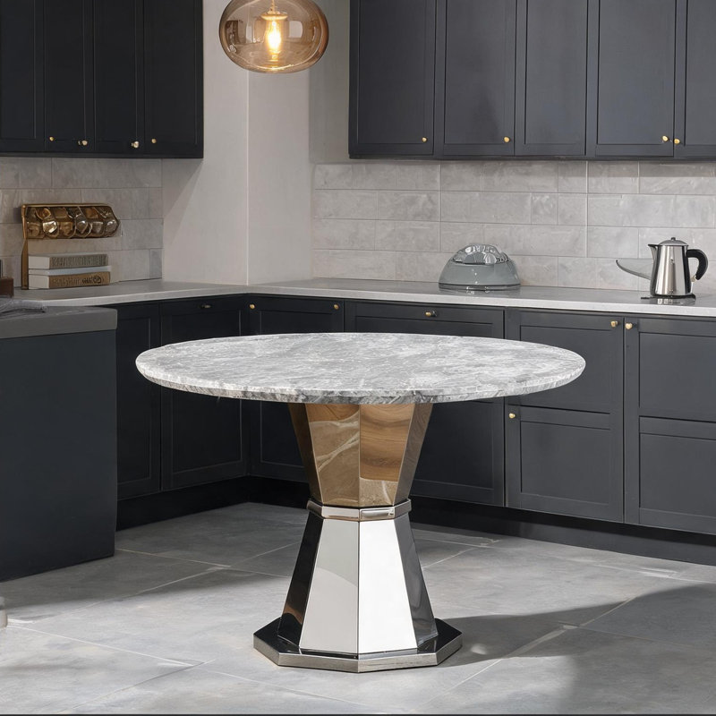Table de salle à manger ronde de 47 pouces pour 4 personnes, plateau en faux marbre gris doux avec base en acier inoxydable, table de cuisine compacte moderne