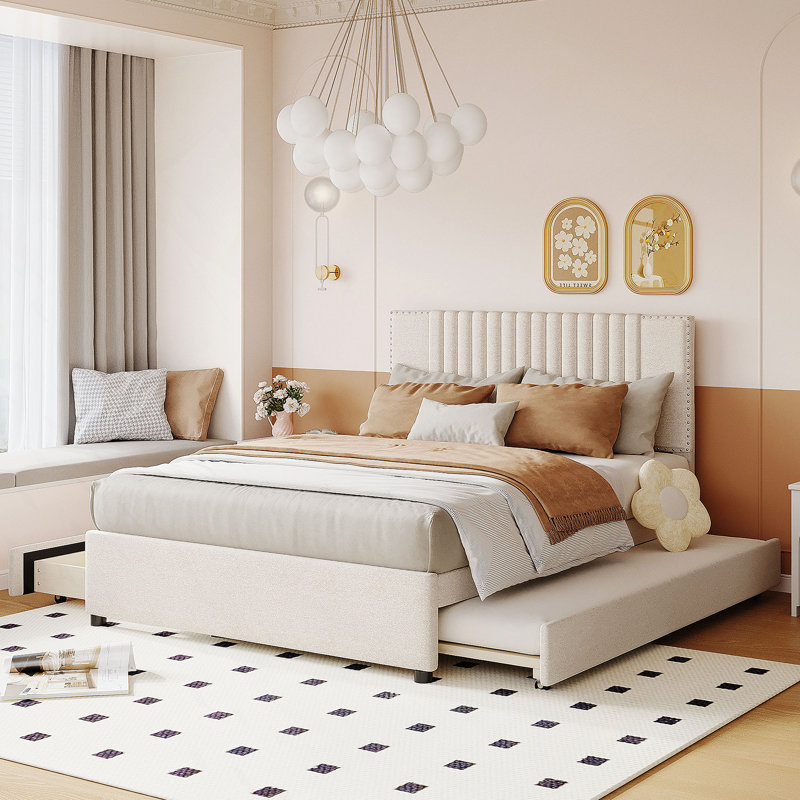Lit plateforme tapissier avec 2 tiroirs et 1 lit gigogne, Beige, Lit double