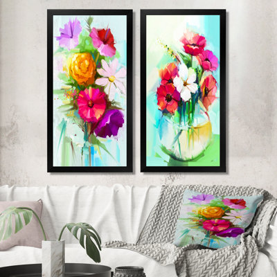 Delicate Pastel Colorful Gerbera Flowers - Ensemble de 2 peintures sur toiles