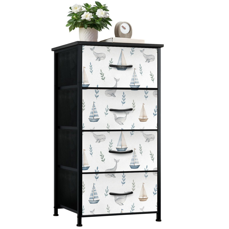 Commode 4 tiroirs avec rangement vertical et baleines voiliers bleu nautique avec tiroirs en bois