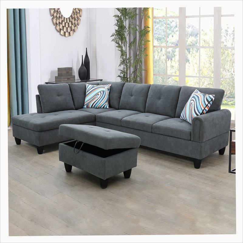 Straton 3 - Piece L-Shaped Modular Living Room Sectional Sofa with Ottoman, Blue Velvet,  Left Hand Facing