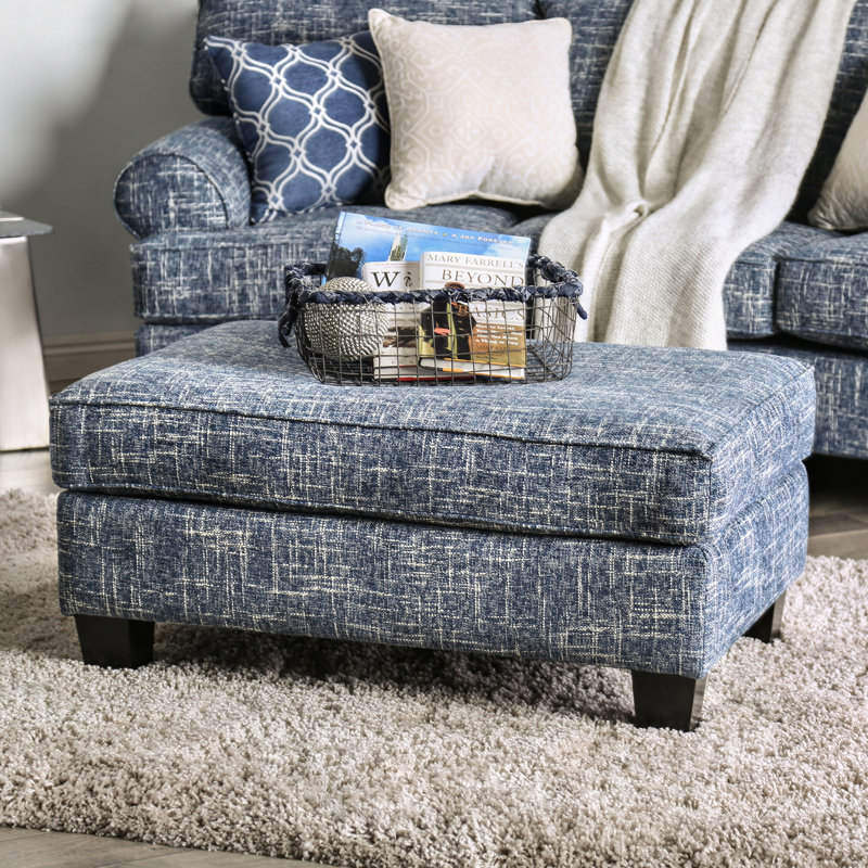 Repose-pieds rembourré Anddy, Polyester bleu tissé en toile de jute