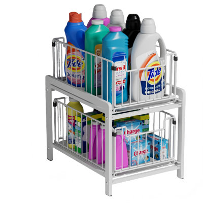 Sliding Basket Drawer Organizer, Large Metal Under Sink Shelf (White)