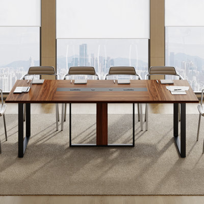 8FT Conference Table With Power Outlets & Cable Grommets, Large Meeting Table For 10 People, Strong Metal Frame