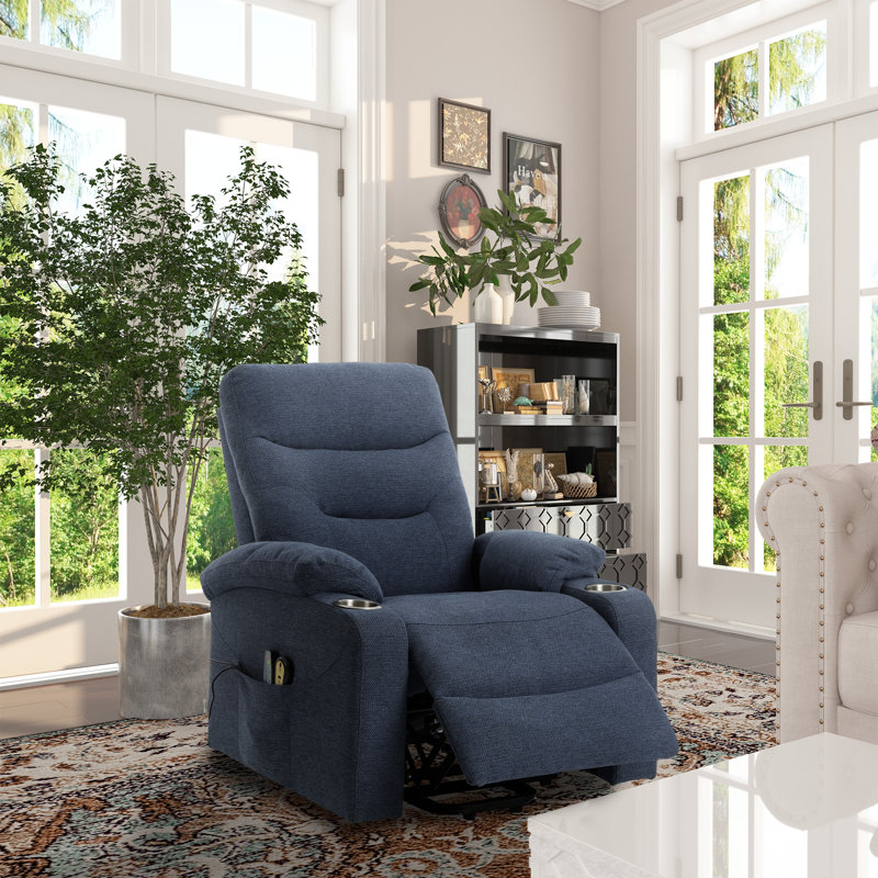 Grand fauteuil inclinable de massage avec 2 porte-gobelets Betzaida, Mélange de polyester bleu marine