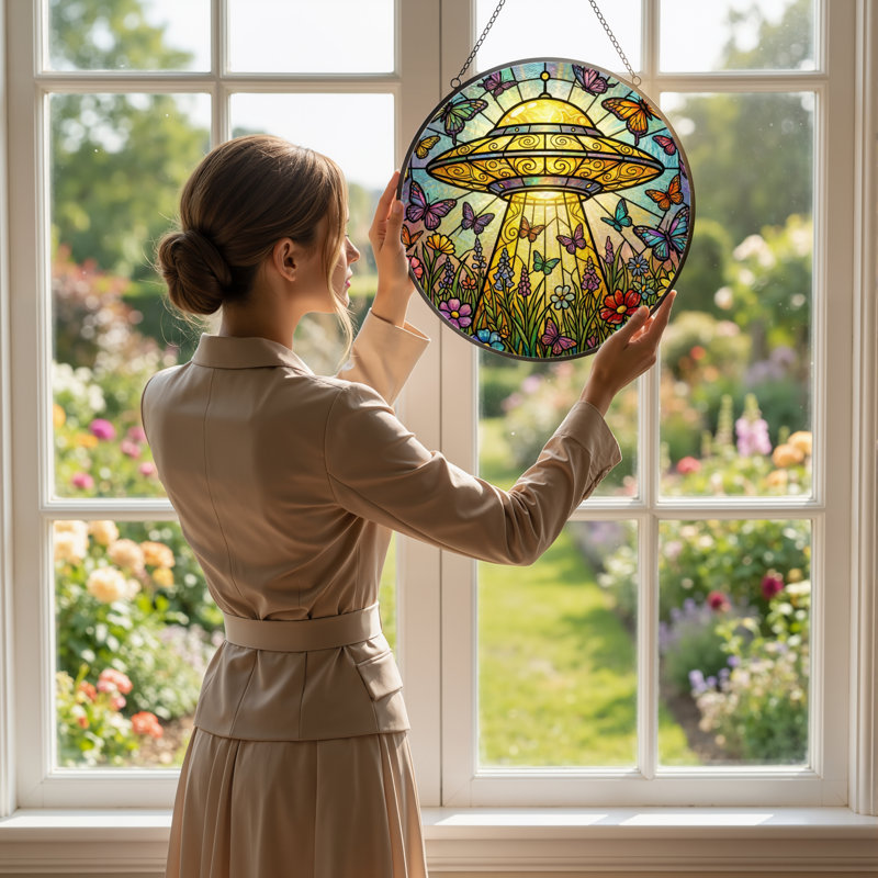 7.8"H Ufo Garden Stained Glass Window Panel, 7.8" H x 7.8" W
